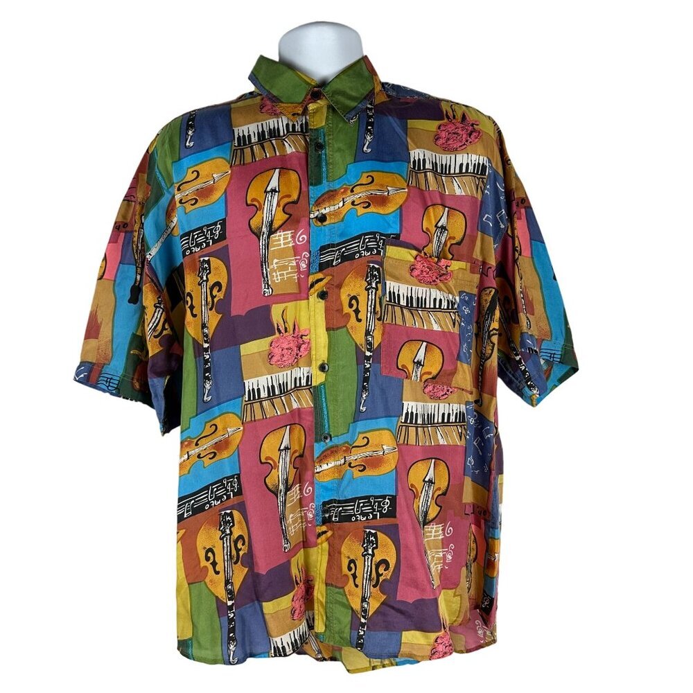 City Streets Mens Silk Music Print Short Sleeve Button-Up Shirt Size M